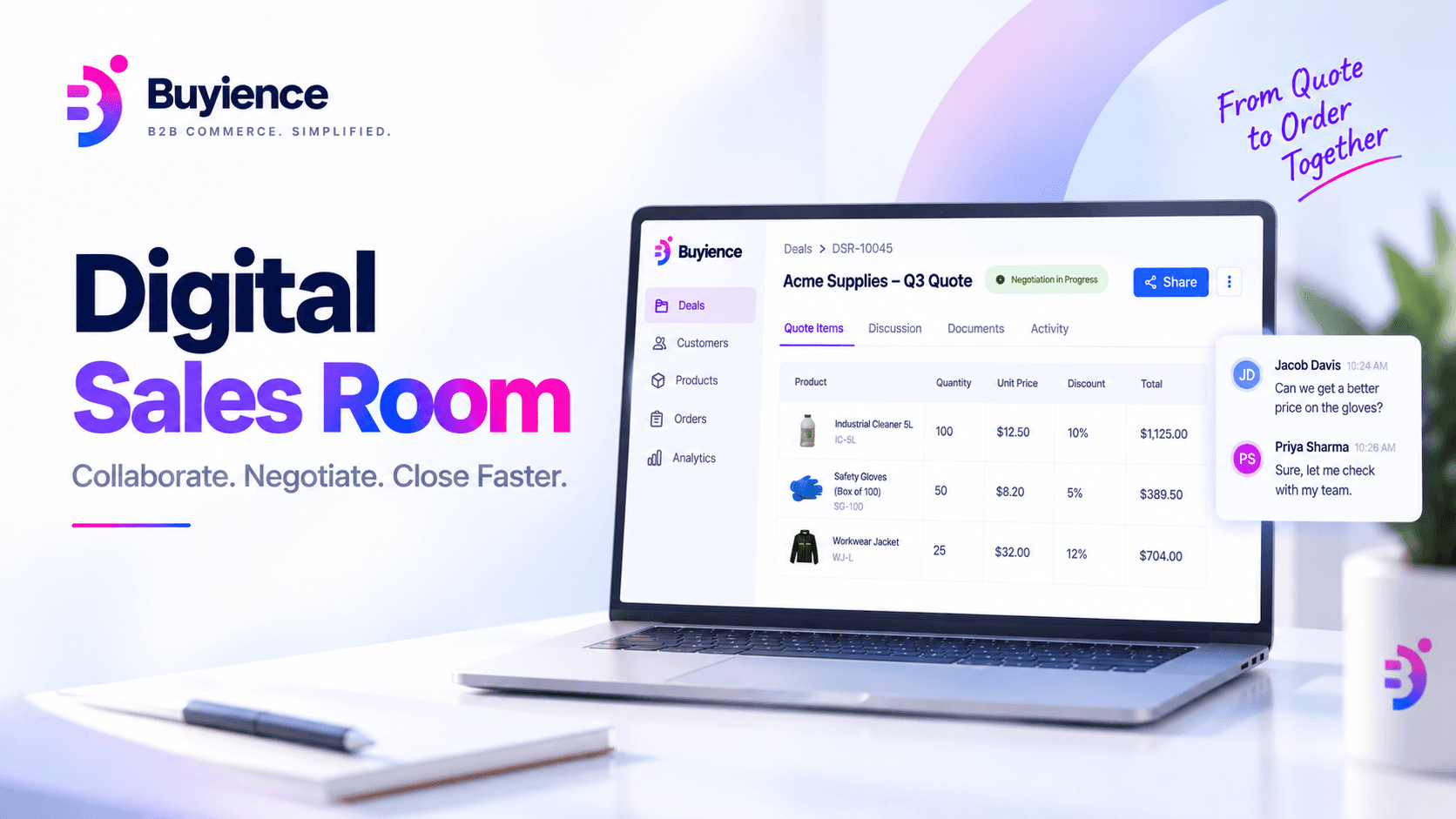 Shared digital sales room where B2B buyers and sellers negotiate quotes online