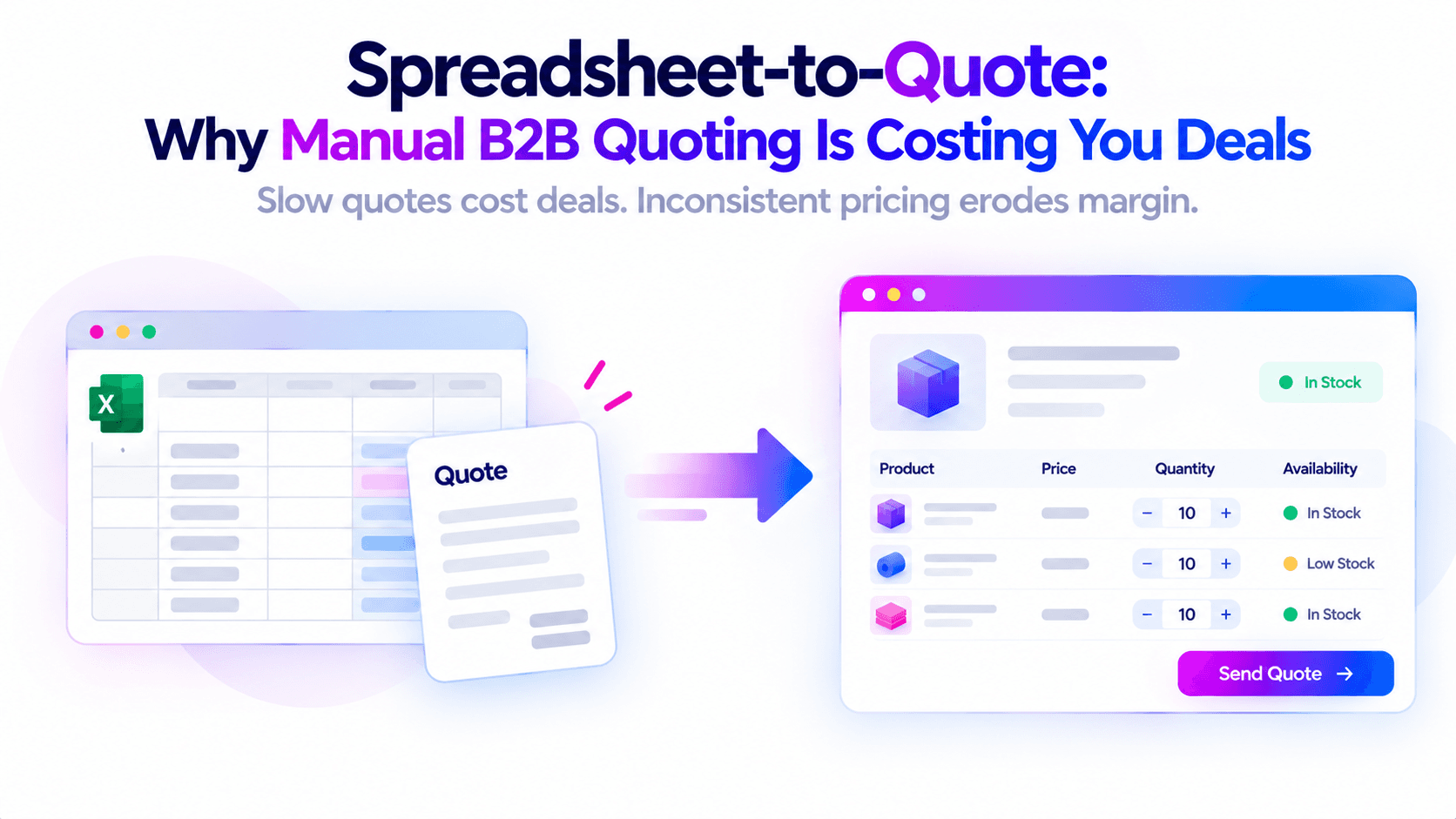 Spreadsheet quote moving into a structured quote with price, quantity, and stock