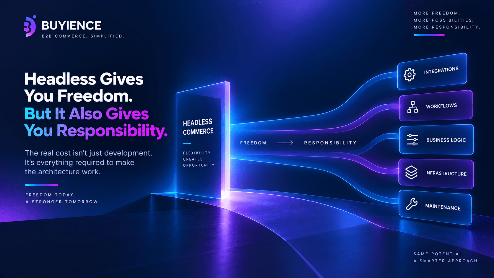Headless commerce freedom bringing integration, workflow, business logic, infrastructure, and maintenance responsibility