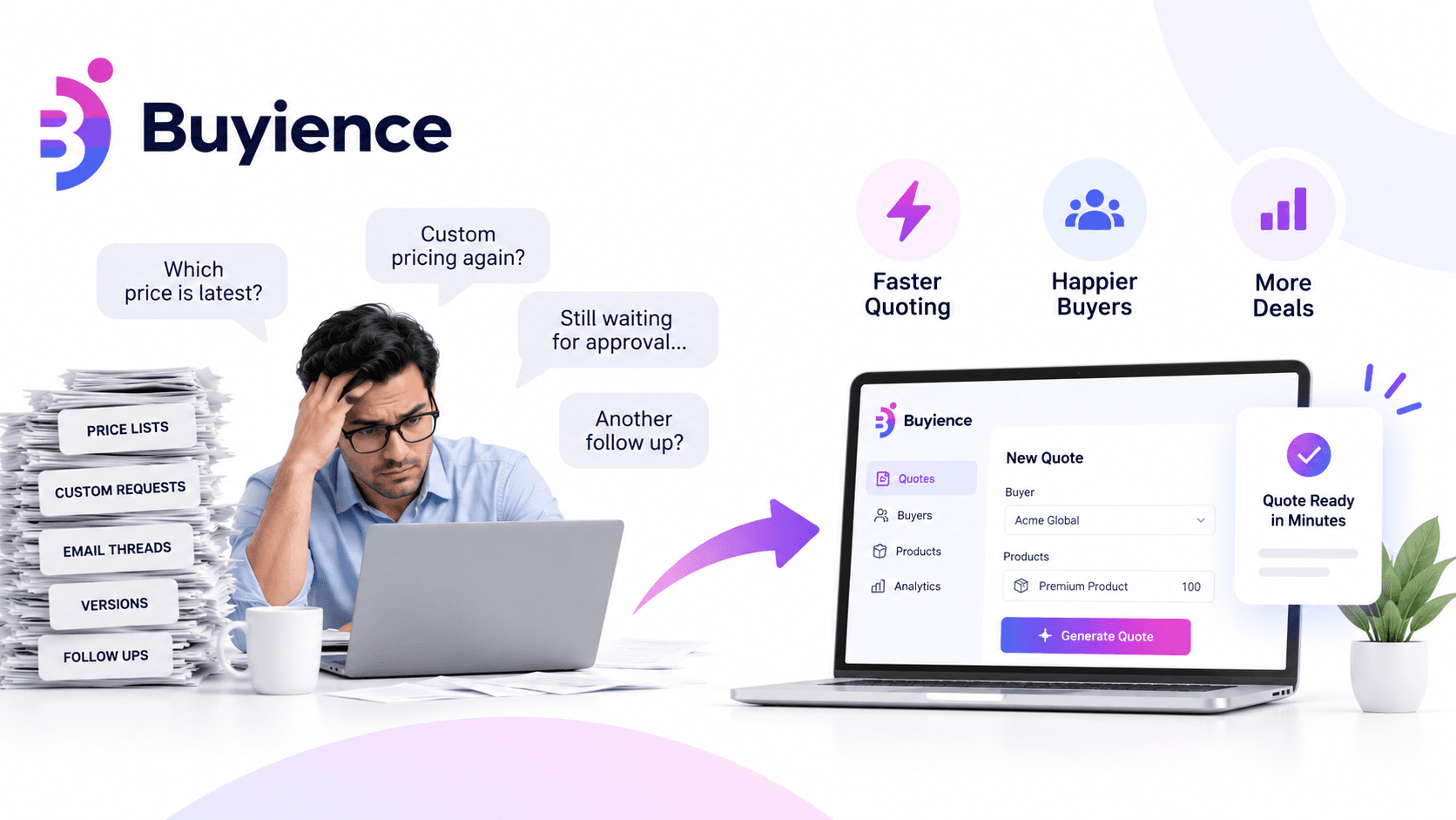 Manual B2B quoting chaos versus Buyience generating quotes in minutes